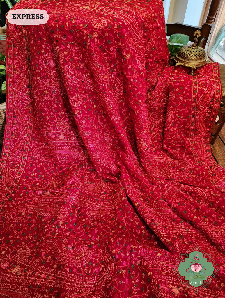 Cherry Red Georgette Saree With Kashida Inspired Embroidery 7