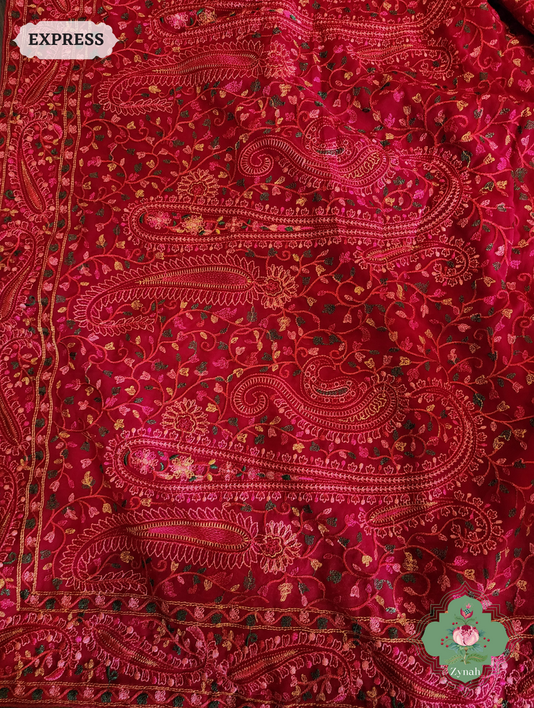 Cherry Red Georgette Saree With Kashida Inspired Embroidery 9