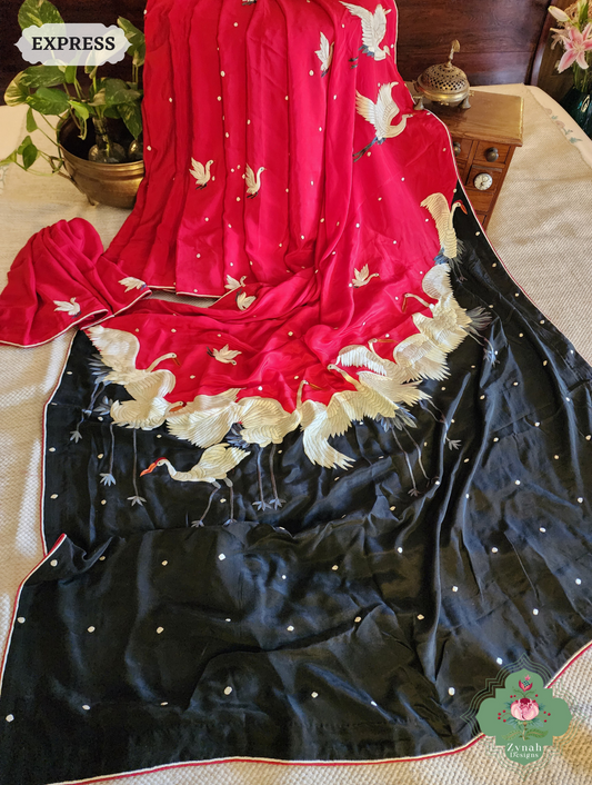 Zynah Made To Order Cherry Red & Black Pure Crepe Silk Parsi Gara Saree With Designer Motifs of Cranes & Swans; Custom Stitched/Ready-made Blouse, Fall, Petticoat; SKU: 2606202502