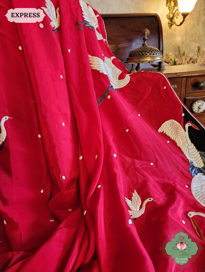 Zynah Made To Order Cherry Red & Black Pure Crepe Silk Parsi Gara Saree With Designer Motifs of Cranes & Swans; Custom Stitched/Ready-made Blouse, Fall, Petticoat; SKU: 2606202502