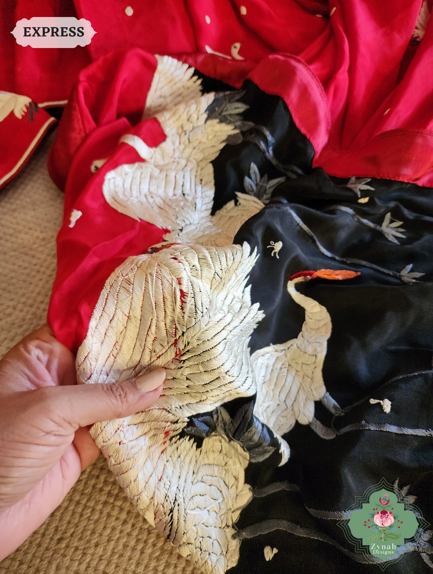 Zynah Made To Order Cherry Red & Black Pure Crepe Silk Parsi Gara Saree With Designer Motifs of Cranes & Swans; Custom Stitched/Ready-made Blouse, Fall, Petticoat; SKU: 2606202502
