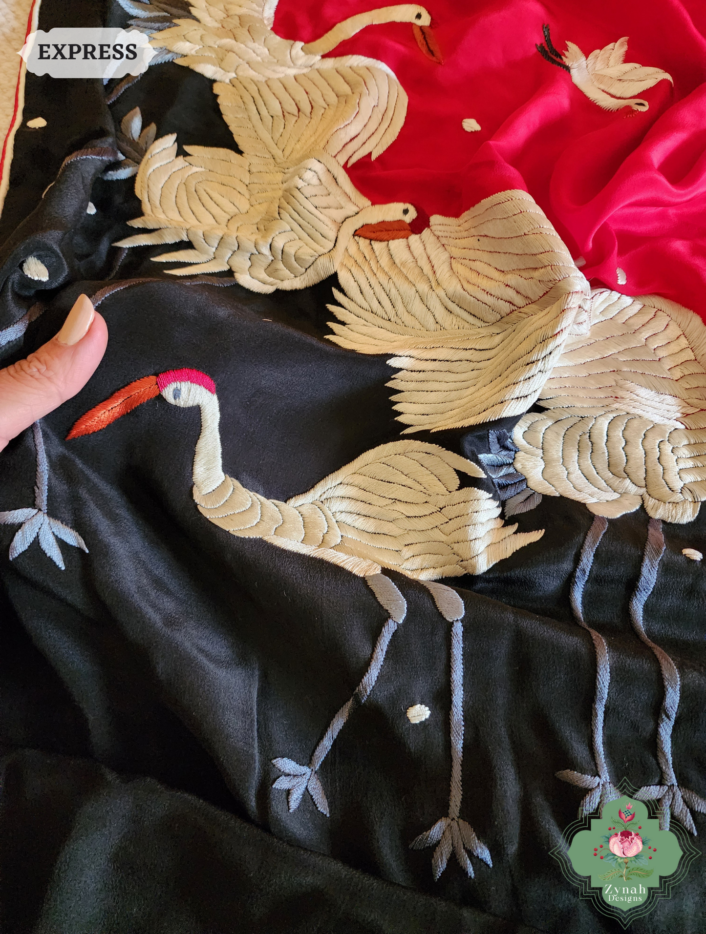 Zynah Made To Order Cherry Red & Black Pure Crepe Silk Parsi Gara Saree With Designer Motifs of Cranes & Swans; Custom Stitched/Ready-made Blouse, Fall, Petticoat; SKU: 2606202502