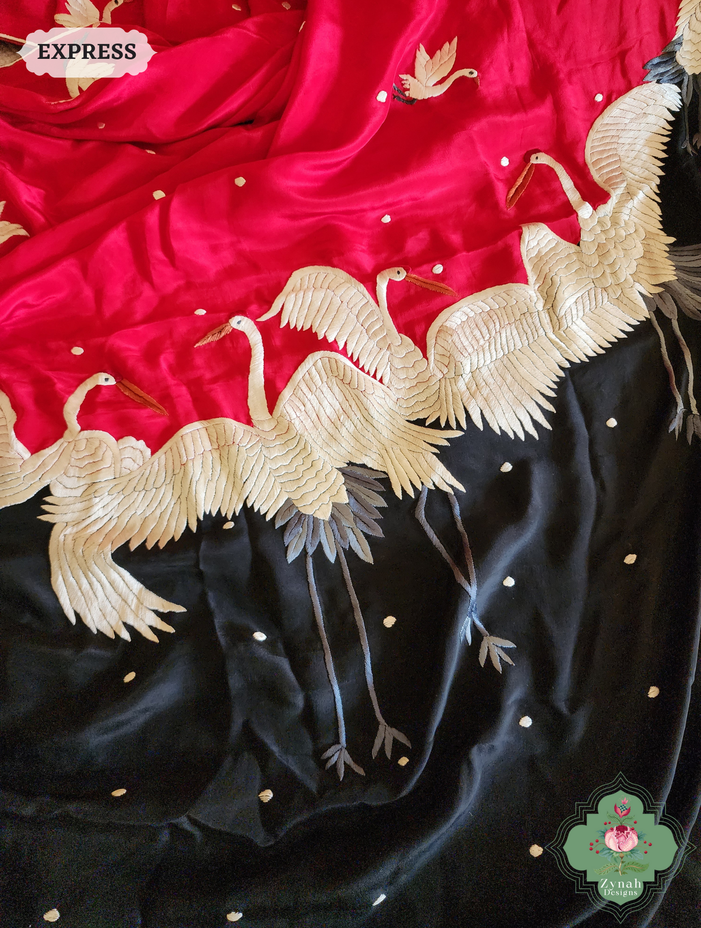 Zynah Made To Order Cherry Red & Black Pure Crepe Silk Parsi Gara Saree With Designer Motifs of Cranes & Swans; Custom Stitched/Ready-made Blouse, Fall, Petticoat; SKU: 2606202502