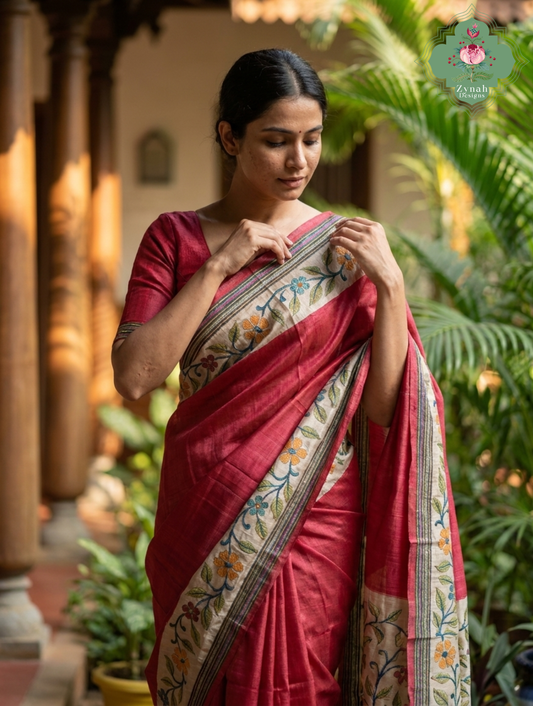 Kusumita Cherry Red Hand Painted Pure Gachi Tussar Silk Saree With Kantha Hand Embroidery - SKU 0907202601