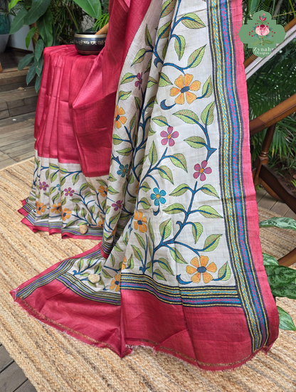 Kusumita Cherry Red Hand Painted Pure Gachi Tussar Silk Saree With Kantha Hand Embroidery