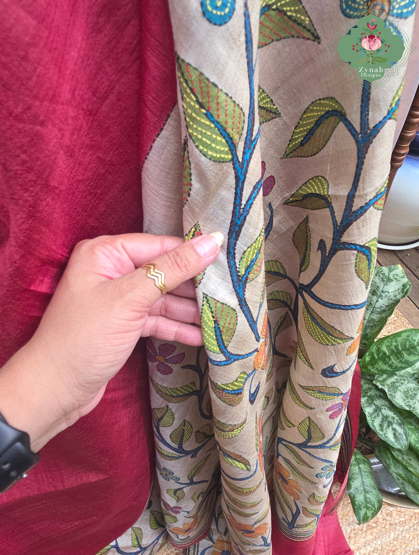 Kusumita Cherry Red Hand Painted Pure Gachi Tussar Silk Saree With Kantha Hand Embroidery