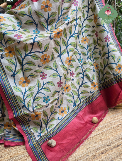 Kusumita Cherry Red Hand Painted Pure Gachi Tussar Silk Saree With Kantha Hand Embroidery