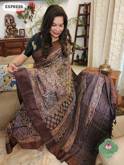Zynah Chocolate Brown Pure Tussar Silk Hand Block Print Ajrakh Saree With Hand Embroidery; Custom Stitched/Ready-made Blouse, Fall, Petticoat; SKU: 2409202505