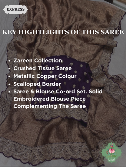 Metallic Copper Gold Crushed Tissue Saree With Scalloped Border 2