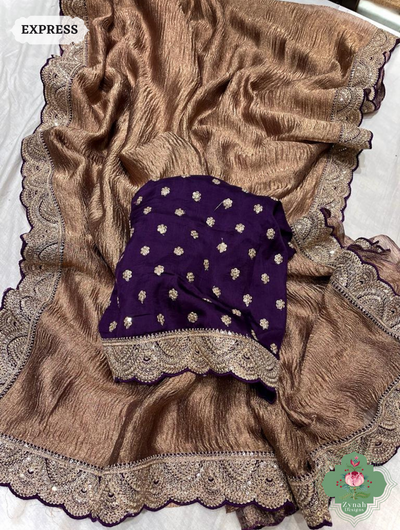 Metallic Copper Gold Crushed Tissue Saree With Scalloped Border 1