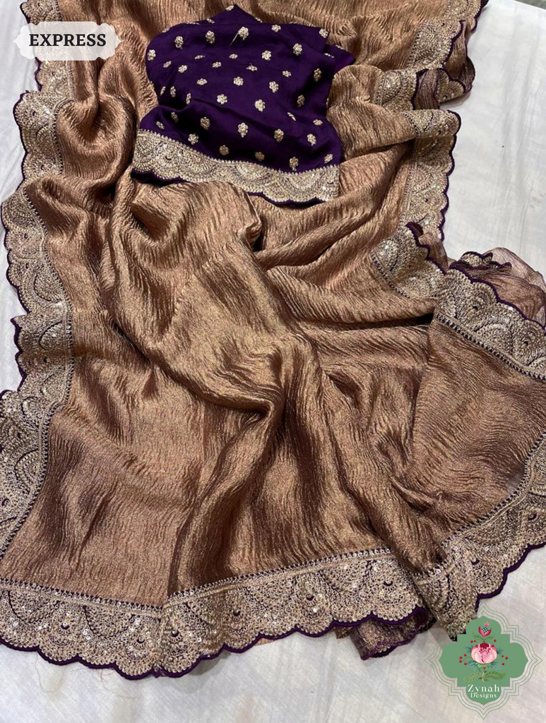 Metallic Copper Gold Crushed Tissue Saree With Scalloped Border 3