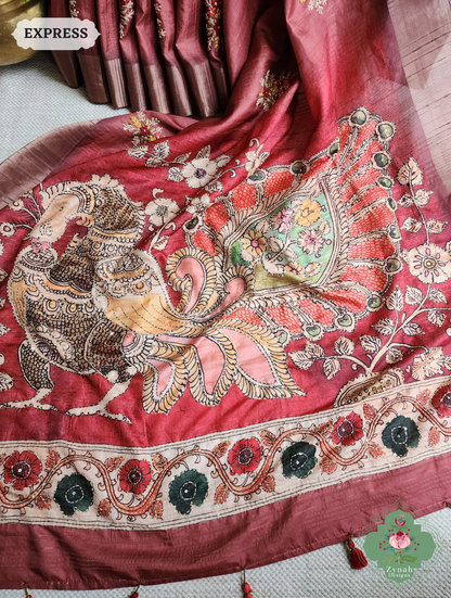 Zynah Coral Red Jute Linen Saree With Kalamkari Pallu, Kantha & Sequins Highlight & Frenchknot Hand Embroidery; Custom Stitched/Ready-made Blouse, Fall, Petticoat; SKU: 0609202404
