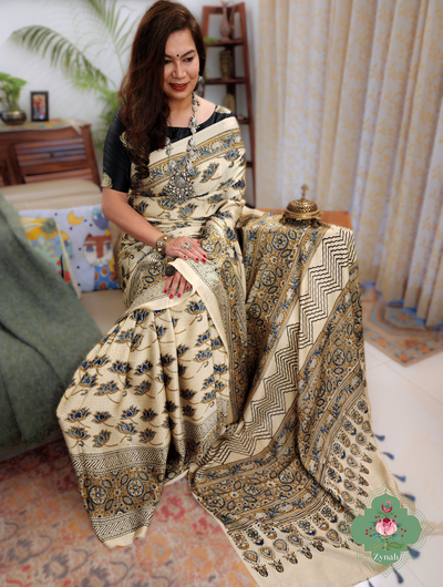 Cream Ajrakh Modal Silk Saree With Lotus Block Motif 1