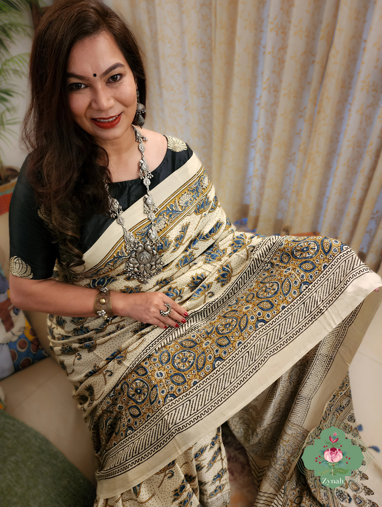 Cream Ajrakh Modal Silk Saree With Lotus Block Motif 5