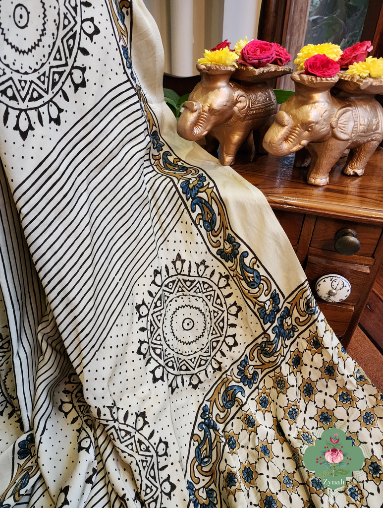 Cream Ajrakh Modal Silk Saree With Mandala Block Motifs 10Cream Ajrakh Modal Silk Saree With Mandala Block Motifs 10