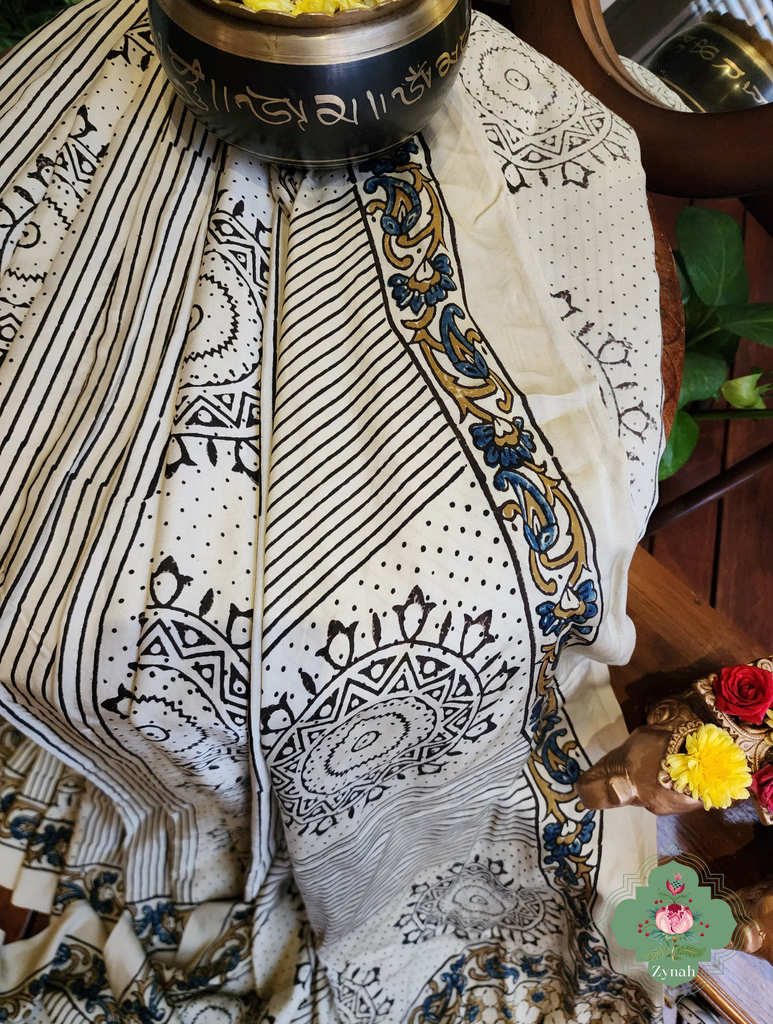Cream Ajrakh Modal Silk Saree With Mandala Block Motifs 11