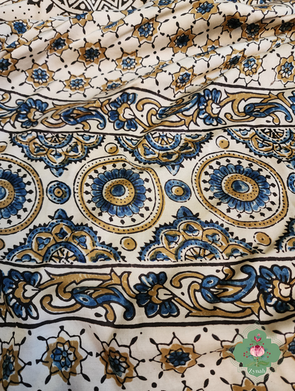 Zynah Cream Ajrakh Modal Silk Saree With Mandala Block Motifs, Crafted Using The Traditional Method Of Hand Block Printing Using 100% Natural Dyes; Custom Stitched/Ready-made Blouse, Fall, Petticoat; SKU: 2001202408