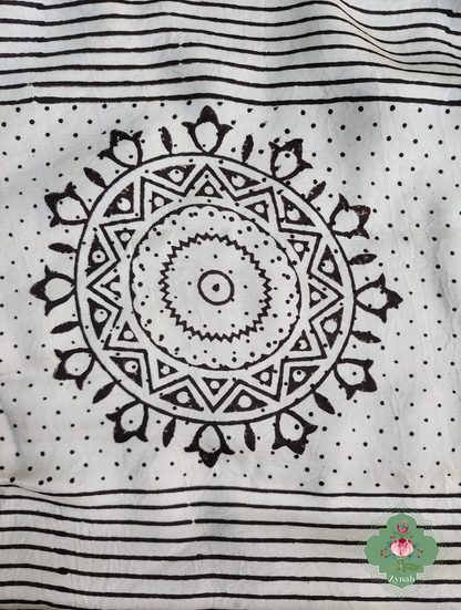 Zynah Cream Ajrakh Modal Silk Saree With Mandala Block Motifs, Crafted Using The Traditional Method Of Hand Block Printing Using 100% Natural Dyes; Custom Stitched/Ready-made Blouse, Fall, Petticoat; SKU: 2001202408
