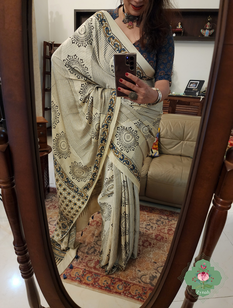 Cream Ajrakh Modal Silk Saree With Mandala Block Motifs 1