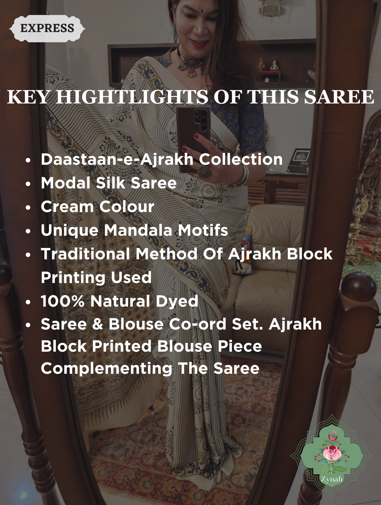 Cream Ajrakh Modal Silk Saree With Mandala Block Motifs 2