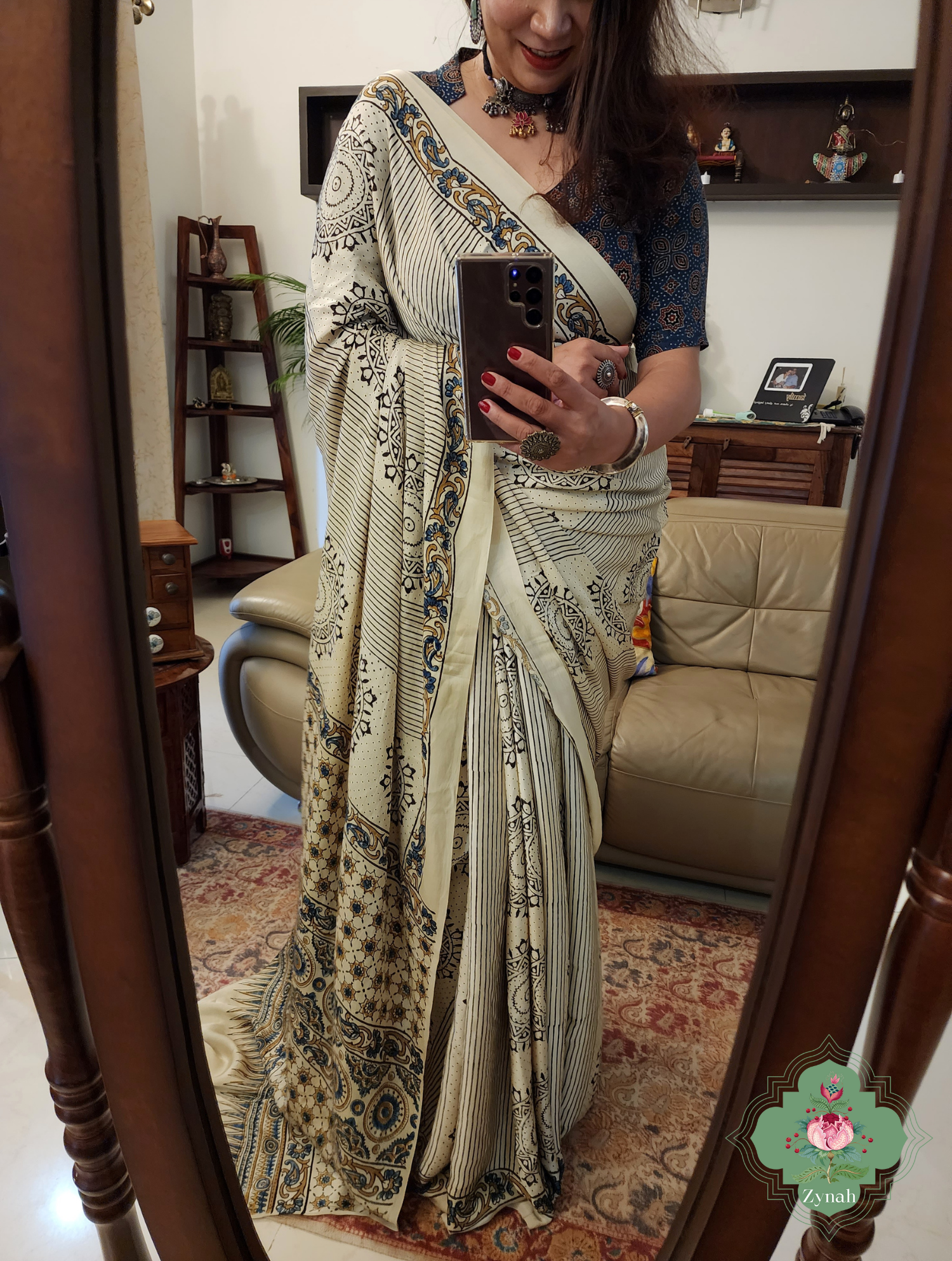 Cream Ajrakh Modal Silk Saree With Mandala Block Motifs 3
