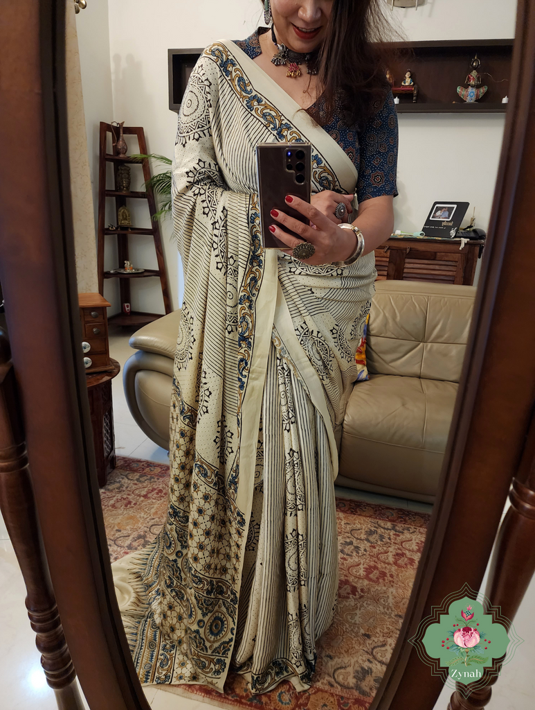 Cream Ajrakh Modal Silk Saree With Mandala Block Motifs 3