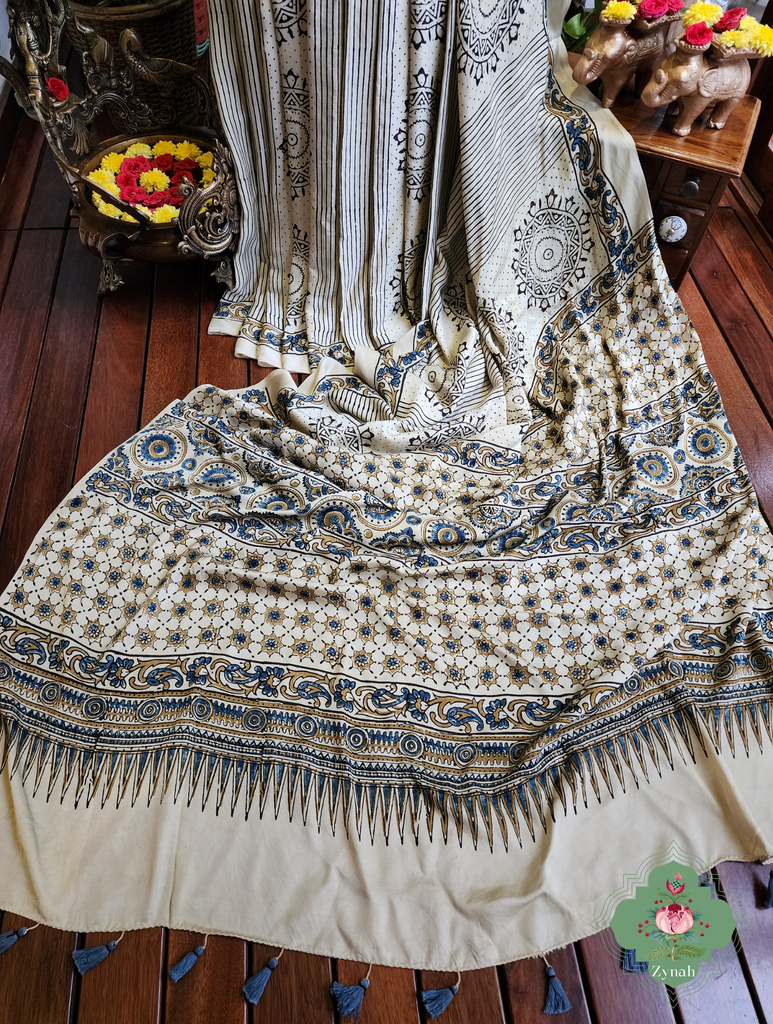 Cream Ajrakh Modal Silk Saree With Mandala Block Motifs 5
