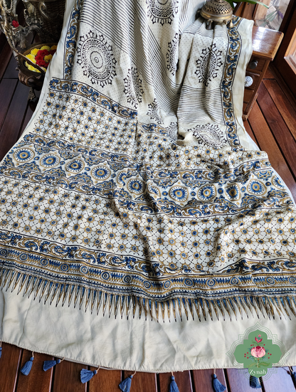 Cream Ajrakh Modal Silk Saree With Mandala Block Motifs 7