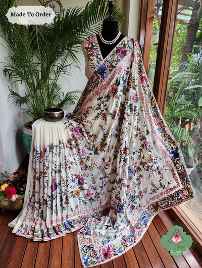 Zynah Made To Order Cream Pure Crepe Silk Hand Embroidered Authentic Parsi Gara Saree; Custom Stitched/Ready-made Blouse, Fall, Petticoat; SKU: 1109202504