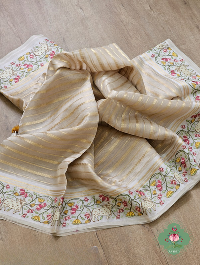 Cream Pure Silver Tissue Silk Saree With Banarasi Stripes, Katan Pallu & Pichwai Embroidery 0