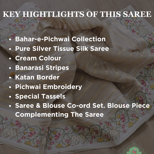 Cream Pure Silver Tissue Silk Saree With Banarasi Stripes, Katan Pallu & Pichwai Embroidery 1