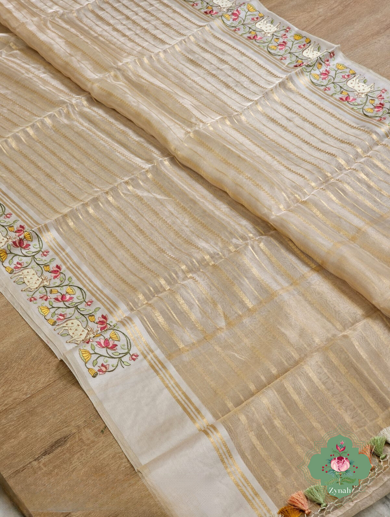 Cream Pure Silver Tissue Silk Saree With Banarasi Stripes, Katan Pallu & Pichwai Embroidery 2