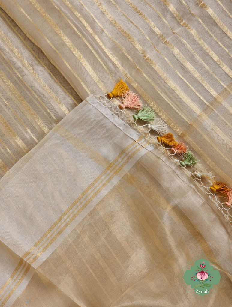 Cream Pure Silver Tissue Silk Saree With Banarasi Stripes, Katan Pallu & Pichwai Embroidery 3