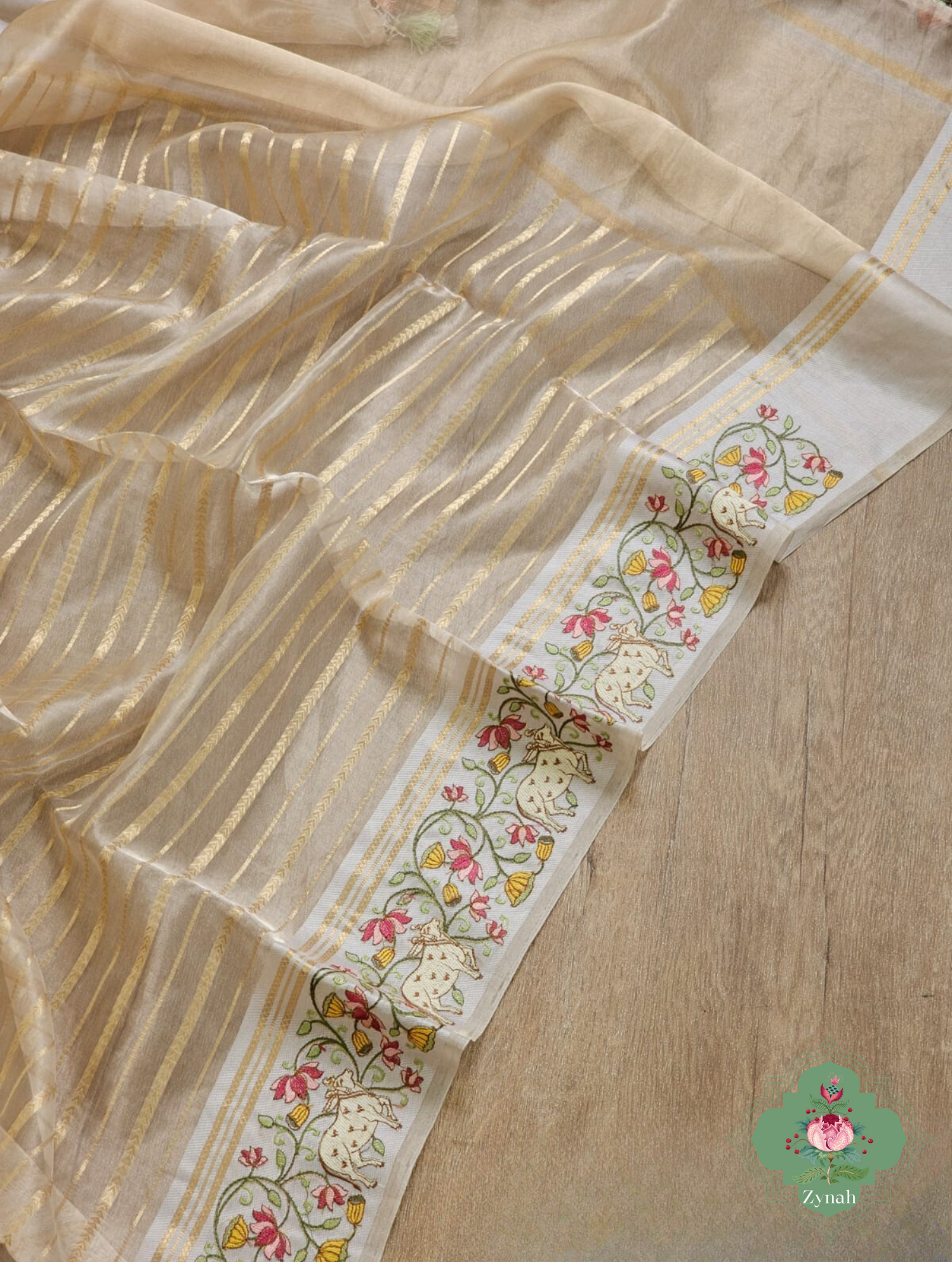 Cream Pure Silver Tissue Silk Saree With Banarasi Stripes, Katan Pallu & Pichwai Embroidery 4