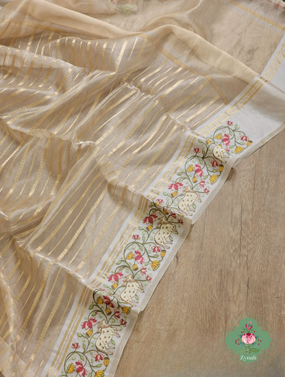 Cream Pure Silver Tissue Silk Saree With Banarasi Stripes, Katan Pallu & Pichwai Embroidery 4