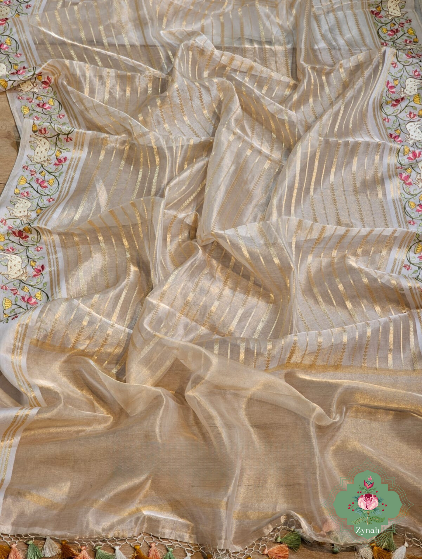 Cream Pure Silver Tissue Silk Saree With Banarasi Stripes, Katan Pallu & Pichwai Embroidery 5