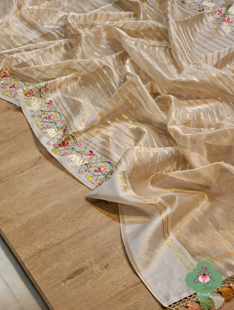 Cream Pure Silver Tissue Silk Saree With Banarasi Stripes, Katan Pallu & Pichwai Embroidery 6