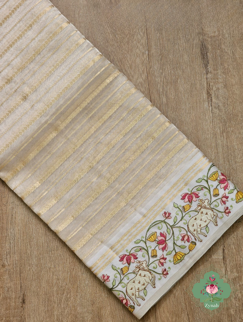 Cream Pure Silver Tissue Silk Saree With Banarasi Stripes, Katan Pallu & Pichwai Embroidery 9