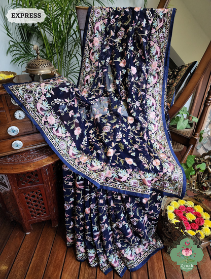 Zynah Blue Pure Georgette Saree with Parsi Gara Inspired Embroidery; Custom Stitched/Ready-made Blouse, Fall, Petticoat; SKU: 0604202402