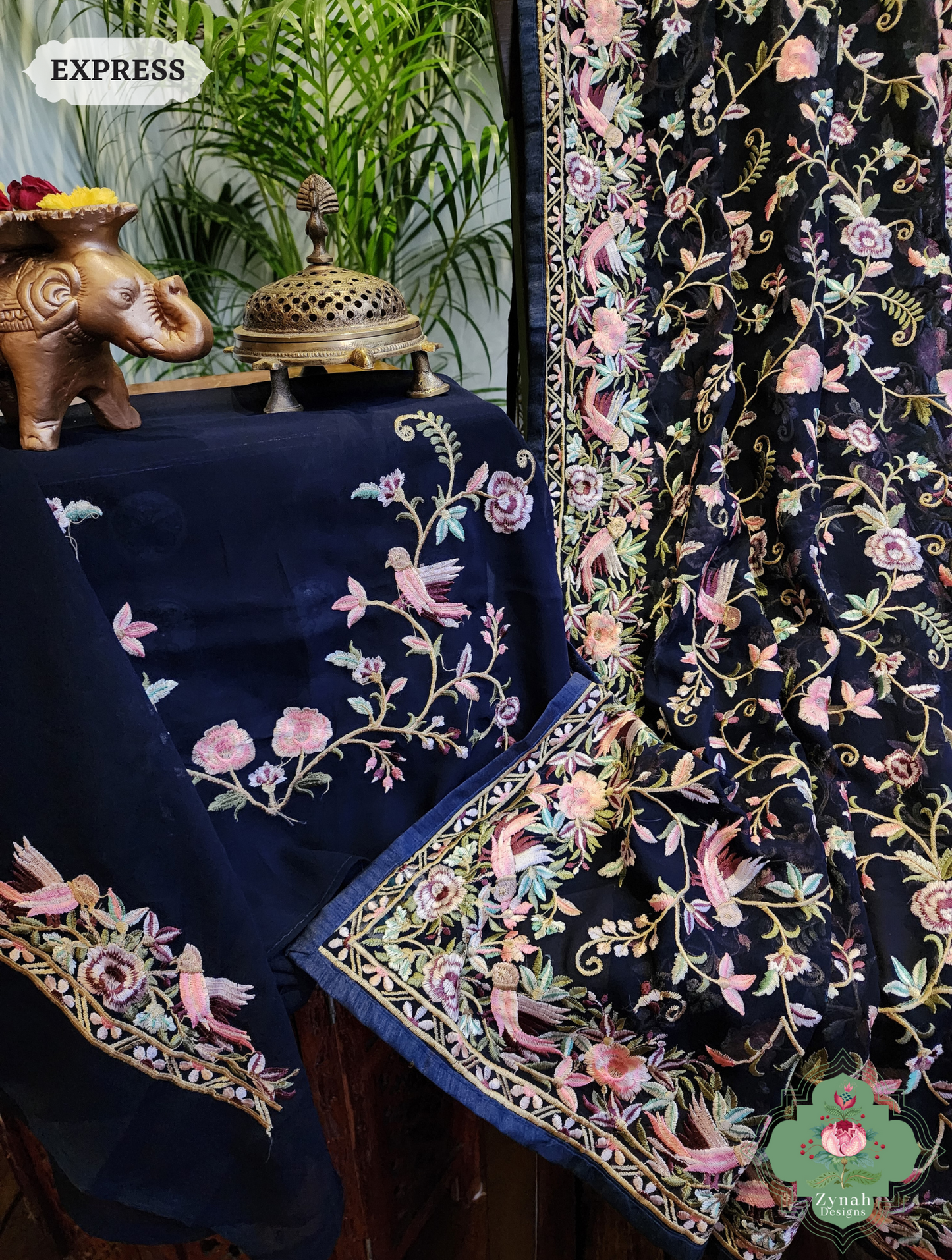 Zynah Blue Pure Georgette Saree with Parsi Gara Inspired Embroidery; Custom Stitched/Ready-made Blouse, Fall, Petticoat; SKU: 0604202402