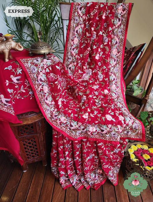 Zynah Red Pure Georgette Saree with Parsi Gara Inspired Embroidery; Custom Stitched/Ready-made Blouse, Fall, Petticoat; SKU: 0604202404