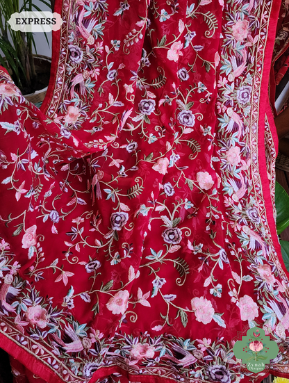 Zynah Red Pure Georgette Saree with Parsi Gara Inspired Embroidery; Custom Stitched/Ready-made Blouse, Fall, Petticoat; SKU: 0604202404