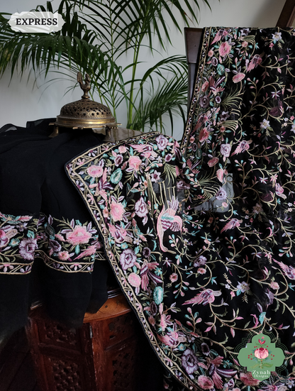 Zynah Black Pure Georgette Parsi Gara Inspired Embroidery Saree; Custom Stitched/Ready-made Blouse, Fall, Petticoat; SKU: 0604202406