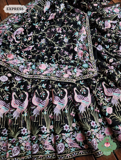 Zynah Black Pure Georgette Parsi Gara Inspired Embroidery Saree; Custom Stitched/Ready-made Blouse, Fall, Petticoat; SKU: 0604202406