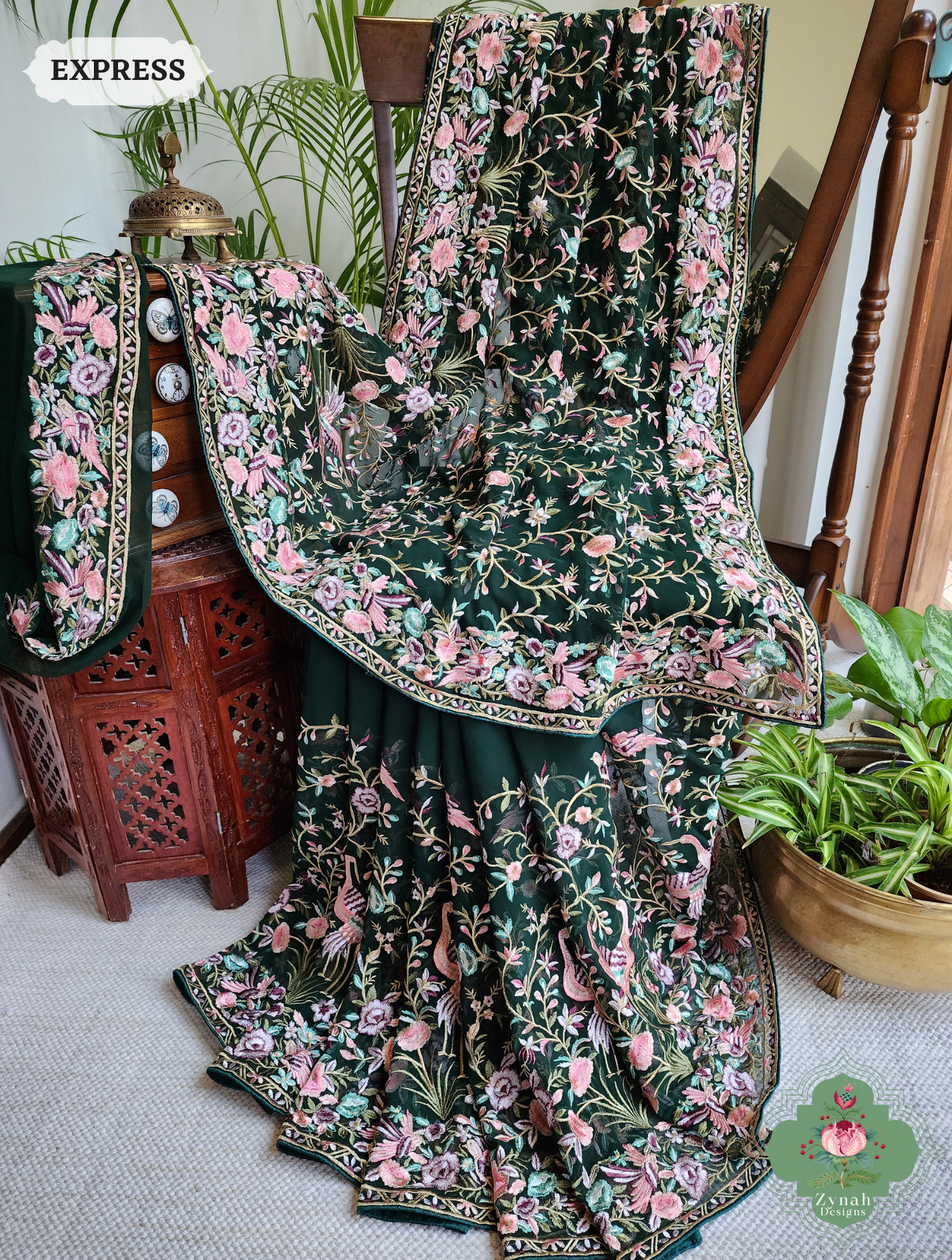 Zynah Green Pure Georgette Parsi Gara Inspired Embroidery Saree; Custom Stitched/Ready-made Blouse, Fall, Petticoat; SKU: 0604202403