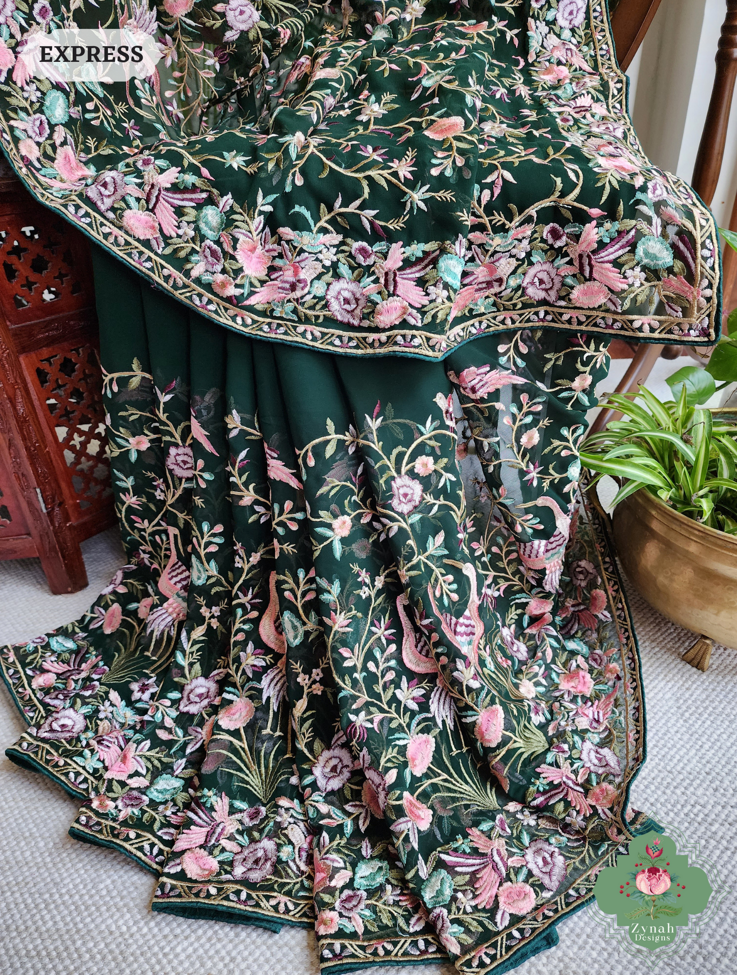 Zynah Green Pure Georgette Parsi Gara Inspired Embroidery Saree; Custom Stitched/Ready-made Blouse, Fall, Petticoat; SKU: 0604202403