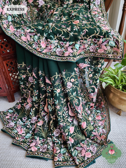 Zynah Green Pure Georgette Parsi Gara Inspired Embroidery Saree; Custom Stitched/Ready-made Blouse, Fall, Petticoat; SKU: 0604202403