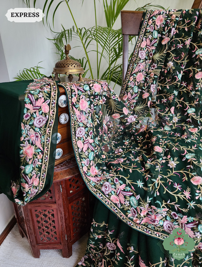 Zynah Green Pure Georgette Parsi Gara Inspired Embroidery Saree; Custom Stitched/Ready-made Blouse, Fall, Petticoat; SKU: 0604202403