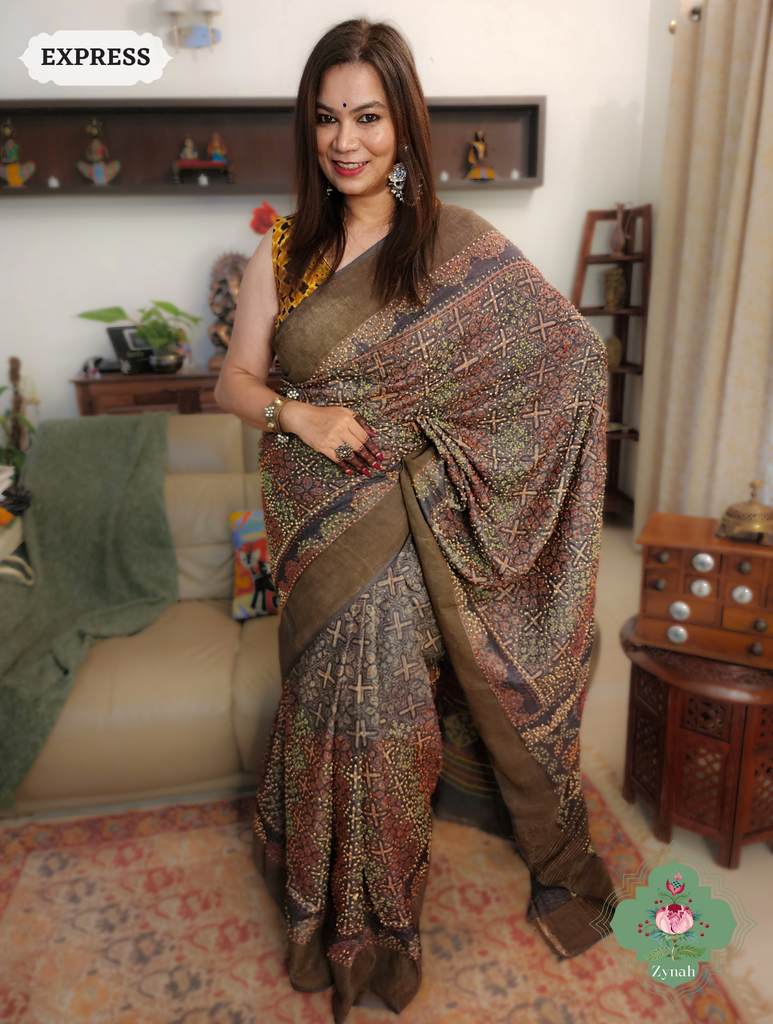 Dark Brown Ajrakh Pure Tussar Silk Saree, 100% Natural Dyed & Embroidery hightlights