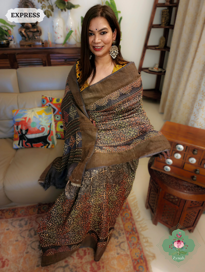 Dark Brown Ajrakh Pure Tussar Silk Saree, 100% Natural Dyed & Embroidery hightlights